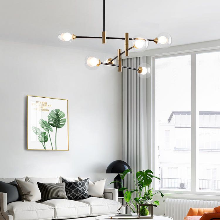 Modern Metal Hanging Chandelier Light Glass Shade Ceiling Chandelier in Black for Living Room