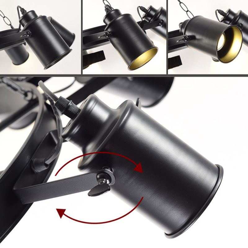 Vintage Industrial Wheel Shaped Chandelier Light Nautical Style Black Wrought Iron Hanging Lighting Fixture for Coffee Shop Bar