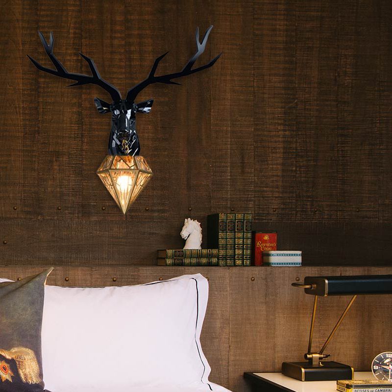 Resin Deer Wall Light Traditional 14.5"/19.5" Wide 1 Light White/Black Sconce Light with Diamond Metal Shade