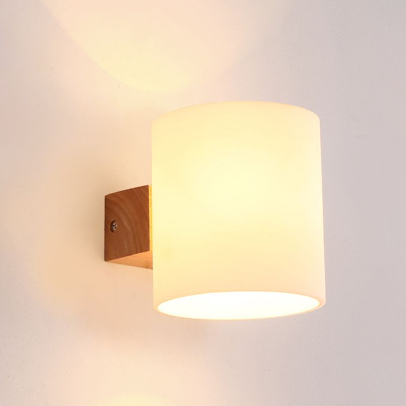 Wooden Cylindrical Wall Lamp in Modern Concise Style White Glass Wall Light for Bedroom