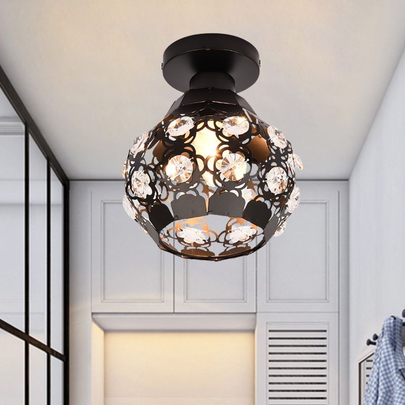 Crystal-Encrusted Globe Flush Lighting Modern 1 Light Black Finish Flush Lamp for Corridor