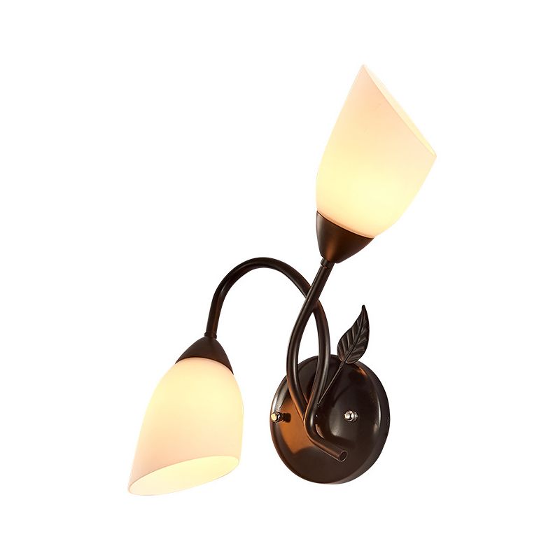 Rustic Tulip Wall Sconce Light 2 Bulbs Opal Frosted Glass Wall Mounted Lamp in Black/Gold for Bedroom
