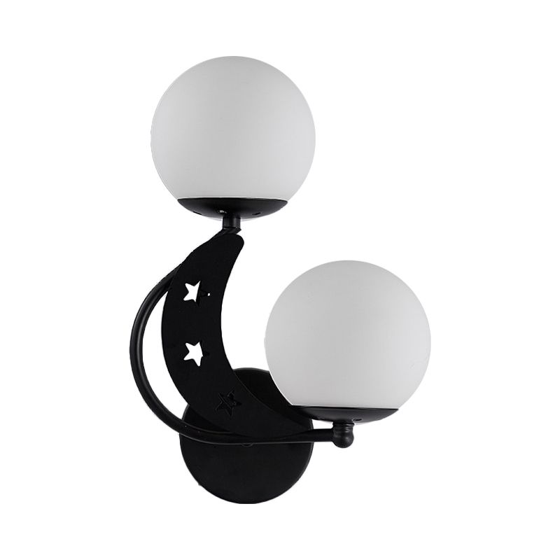 2 Bulbs Bedroom Sconce Light Contemporary Black/Gold Wall Lamp with Left/Right Milky Glass Ball Shade