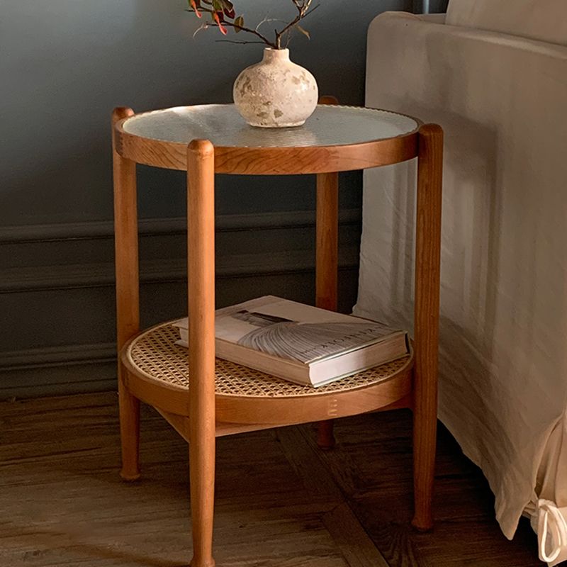 Modern Wood 4 Legs 1 Coffee Table with Shelf Round Glass Table
