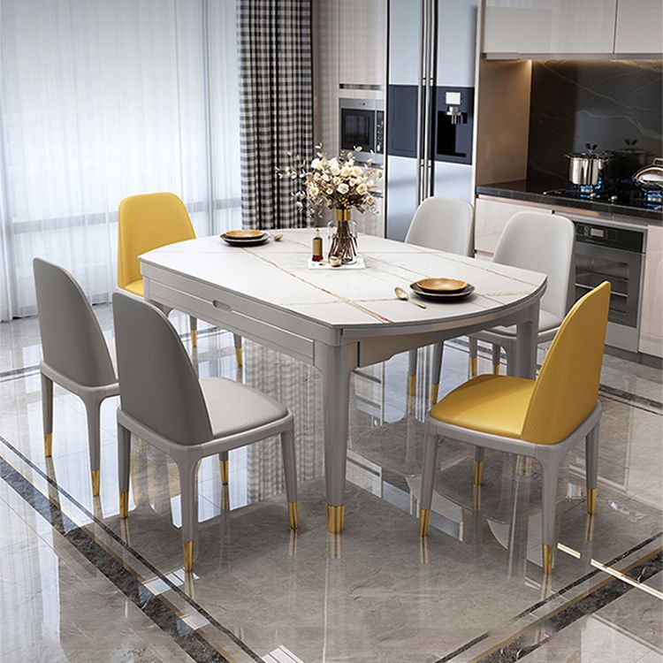Contemporary Extendable Stone Dining Table with Wood Base and Double Drop Leaf
