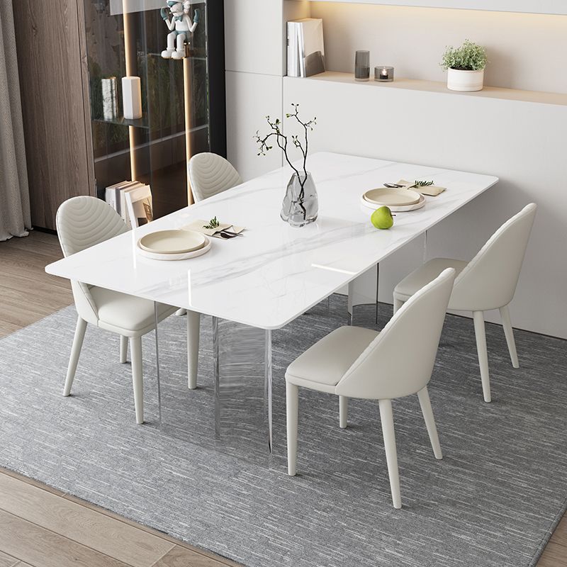 Mesa de comedor rectangular moderna, mesa de comedor de piedra sinterizada blanca con base acrílica para cocina