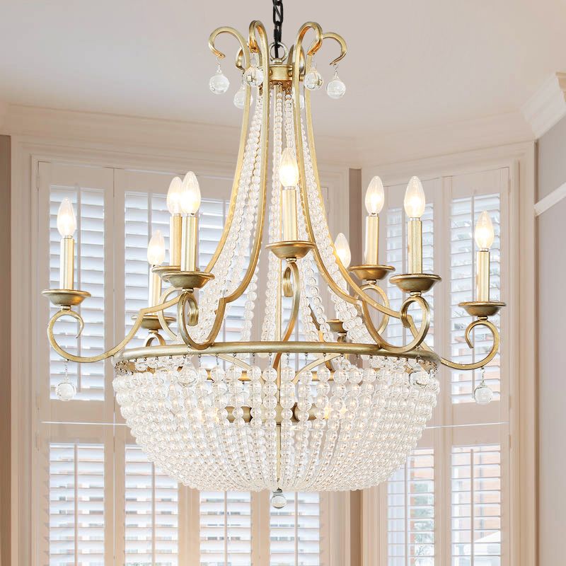Crystal Beaded Basket Pendant Lamp Rustic Dining Room Ceiling Chandelier with Candle Design
