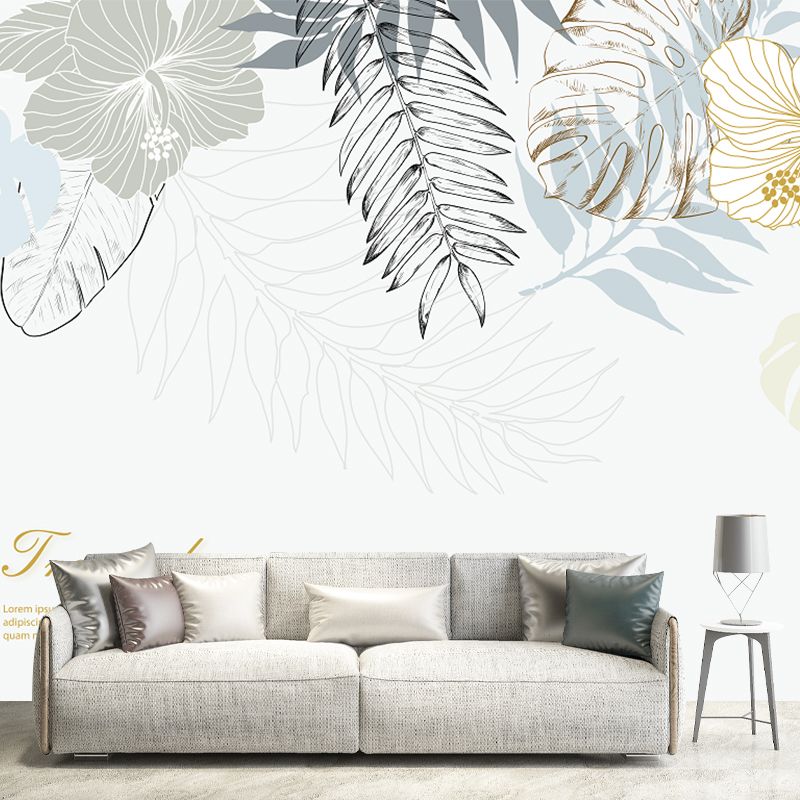 Tropix Watercolor Leaf Mural Wallpaper Grey-White Stain Resistant Wall Art for Home
