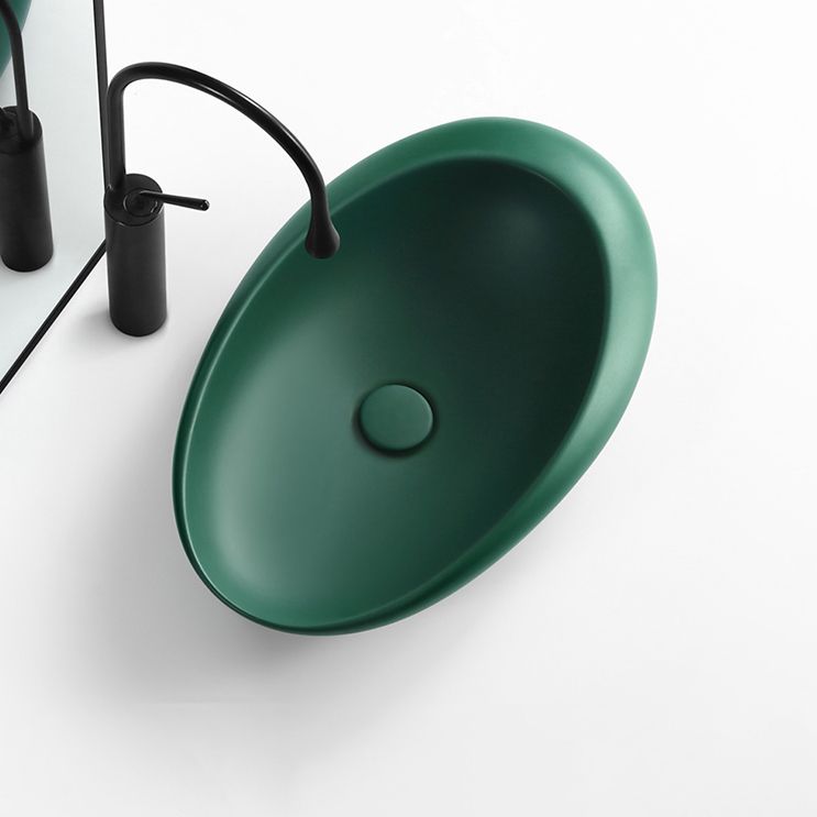 Modern Bathroom Sink Porcelain Pop-Up Drain Oval-Shape Vessel Lavatory Sink