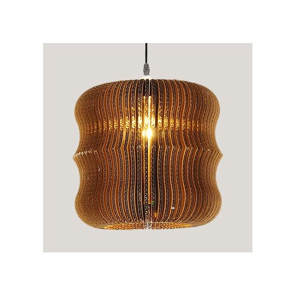 Woven Shade Hanging Lighting Asian Style Corrugated Paper 1 Bulb Restaurant Pendant Lamp in Beige/Brown