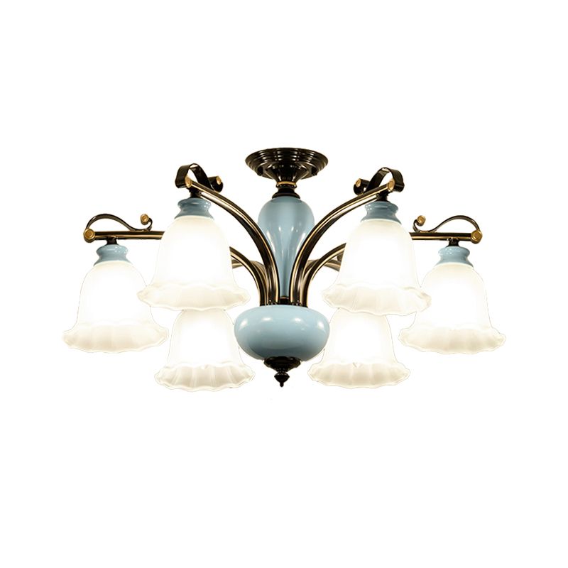 Flower White Glass Semi-Flush Ceiling Light Traditional 6/8 Heads Bedroom Flush Mounted Lamp