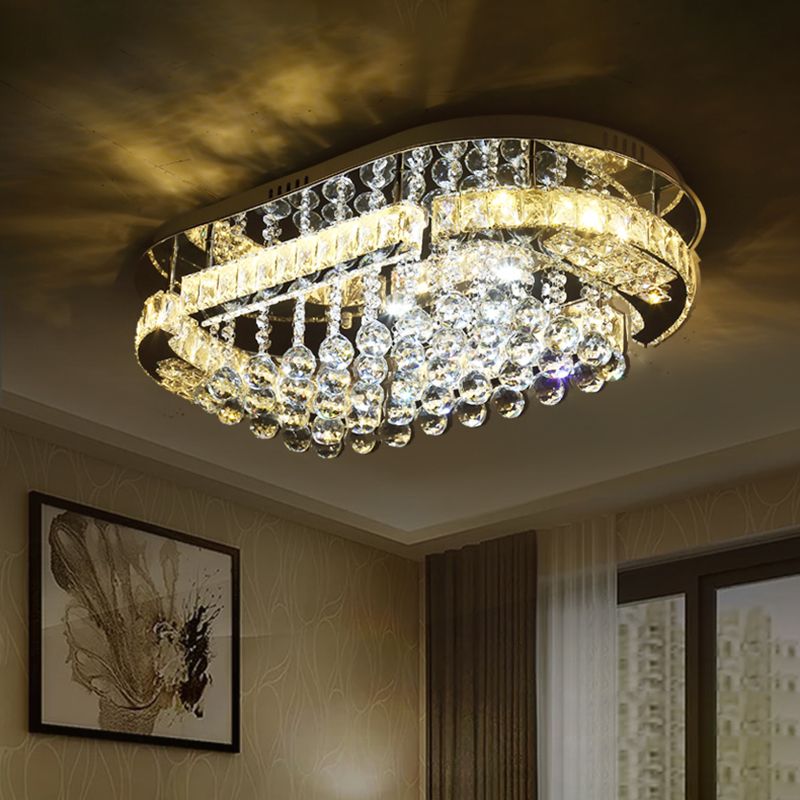 Stainless-Steel LED Light Fixture Contemporary Clear Cut Crystal Blocks Oval Semi Flush with Ball Droplets