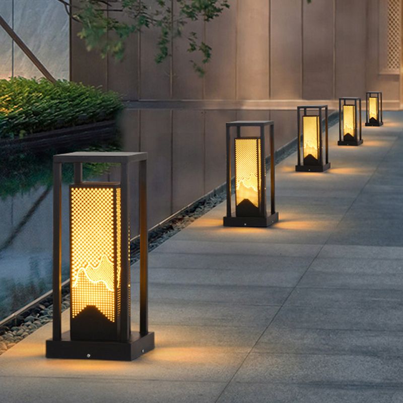 Modern Metal Pillar Lamp Rectangle Outdoor Waterproof Light in Black