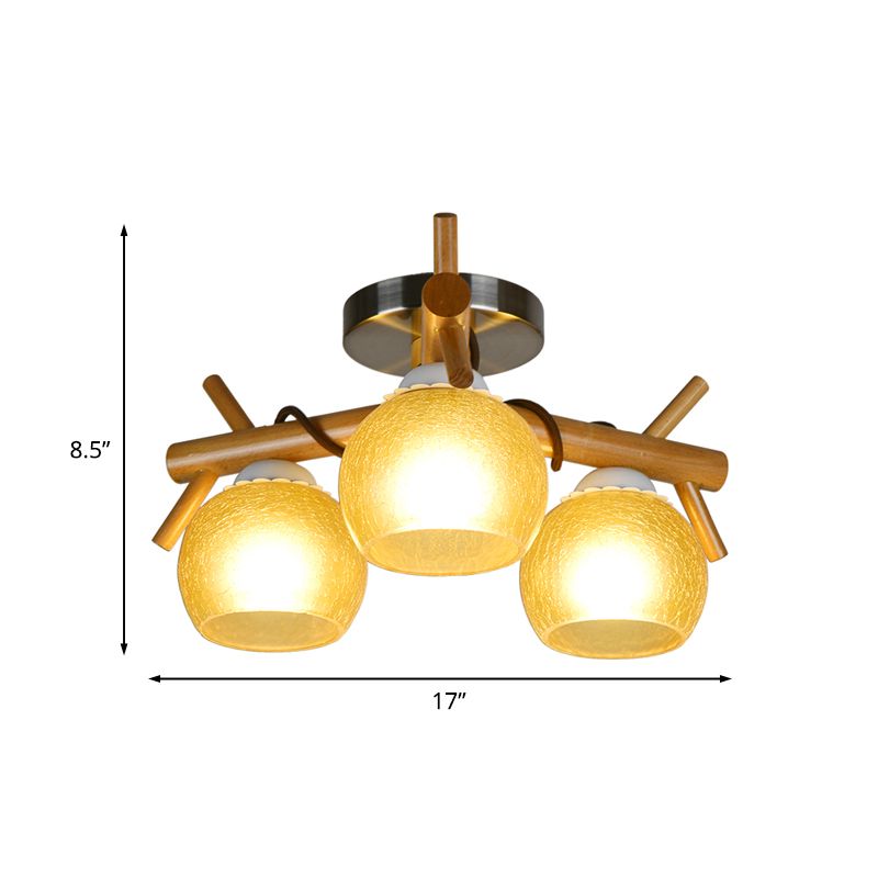 Beige Cracked Glass Orb Semi Flush Monte Modernismo 3 Cabeza cerca de la iluminación del techo con brazo de rama de madera