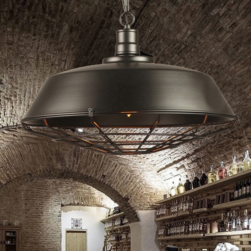 1-Light Wrought Iron Lid Shaped Hanging Light Retro Industry Style Iron Cage Shade Pendant Lamp for Restaurant