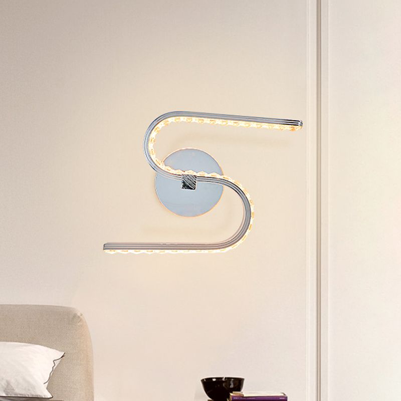 Minimalist S-Shape Sconce Lighting Metallic LED Bedside Wall Mount in Chrome with Acrylic Shade, Warm/White Light