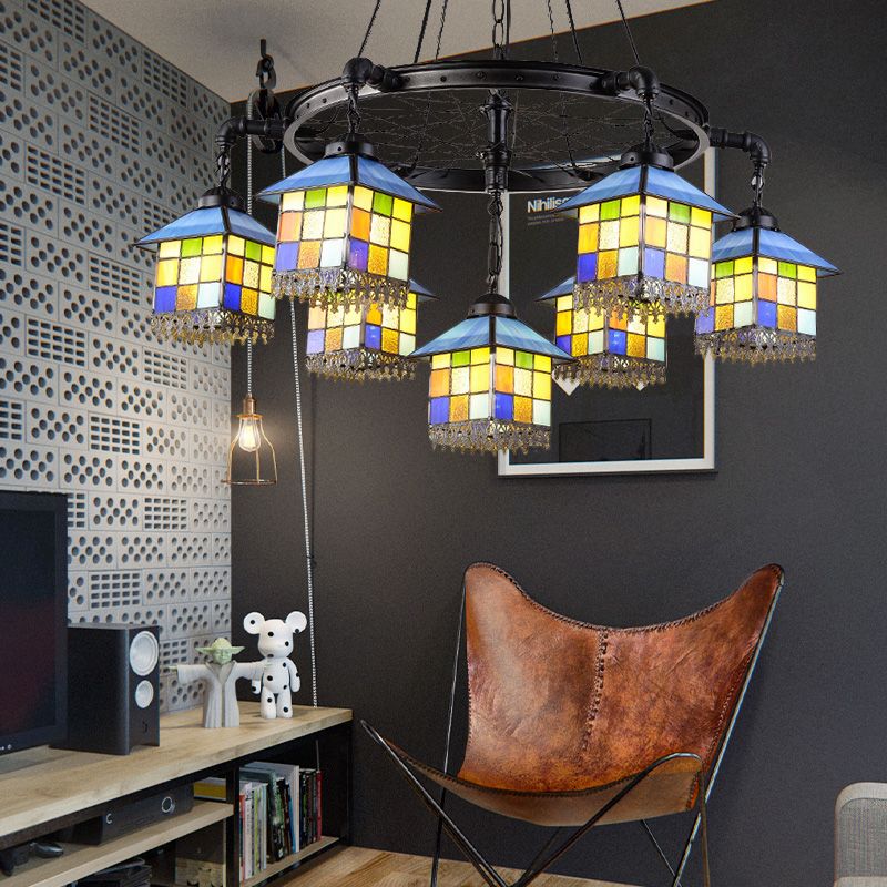 7 Lights House Chandelier Light Lodge Colorful Glass Pendant Light with Black Wheel for Library
