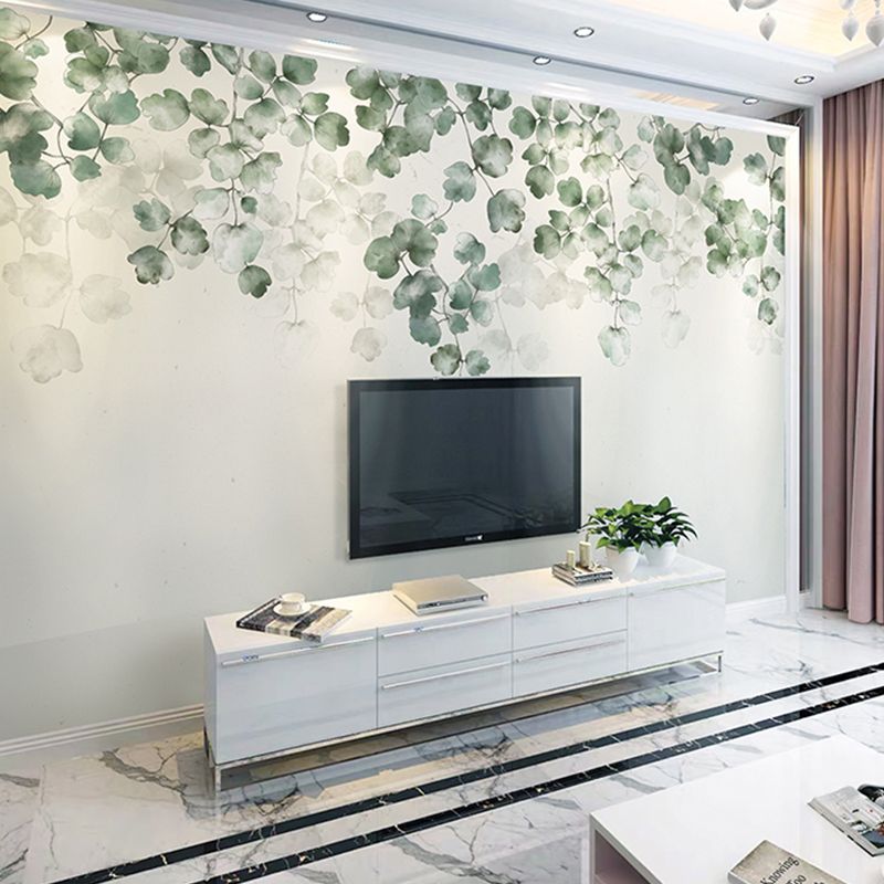 Large Countryside Wall Decor Soft Green Garden and Leaf Mural Wallpaper, Personalized Size Available