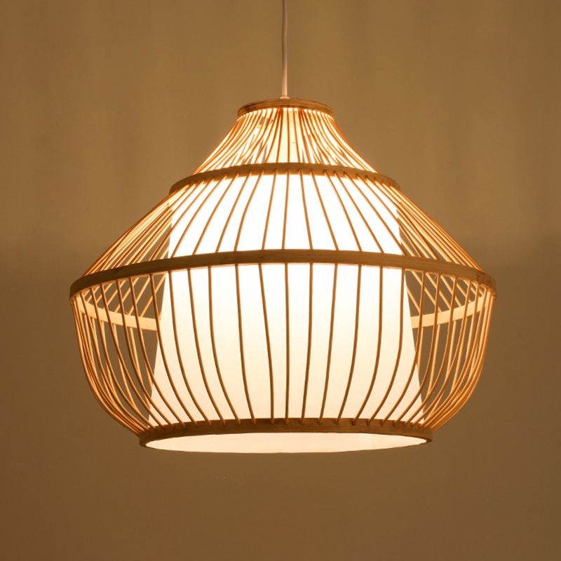Cylinder/Donut/Raindrop Hanging Pendant Light Asian Bamboo 1 Bulb Beige Ceiling Light with Shade Inside