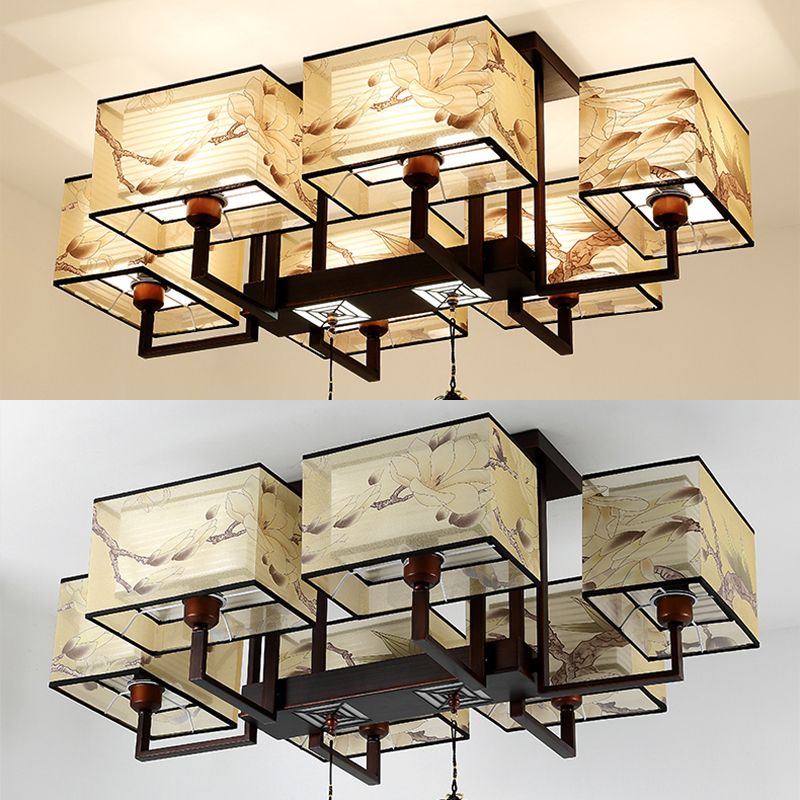 Braune Halbflush -Mount -Lampe Traditioneller Stil Schmiedeeisen Deckenleuchte mit quadratischem Stoff Schatten