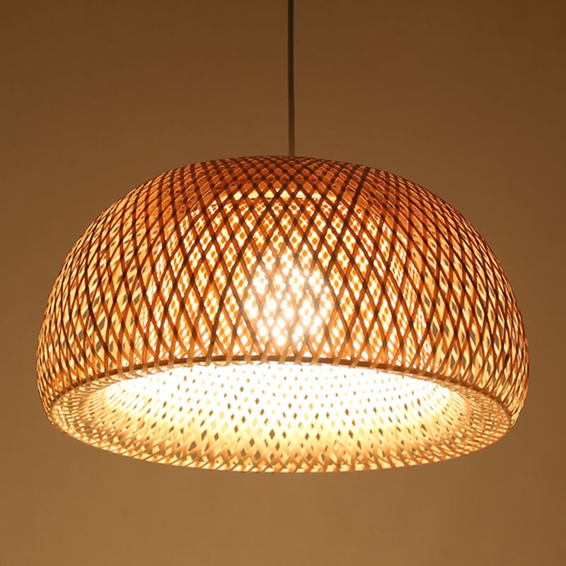 Asia Style Half-Circle Pendant Lighting Fixture Rattan Restaurant Pendant Light Kit in Beige