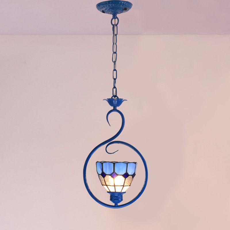 Blue Ring Pendulum Light Vintage 1 Head Tiffany Glass Pendant Ceiling Lamp for Bedroom