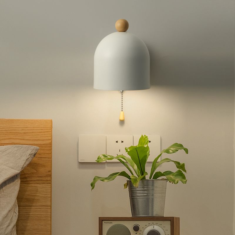 Tube Metal Wall Lamp Contemporary 1 Head White Sconce Light Fixture with Swing Wood Arm and Pull Chain