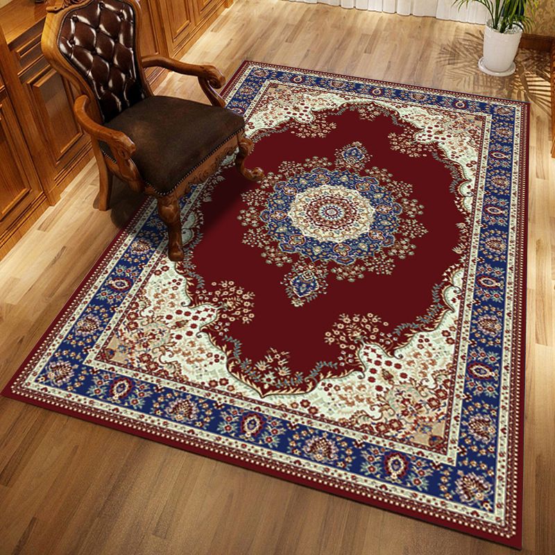 Multi-Color Floral Print Rug Polyester Moroccan Area Carpet Non-Slip Backing Machine Washable Pet Friendly Rug for Sitting Room