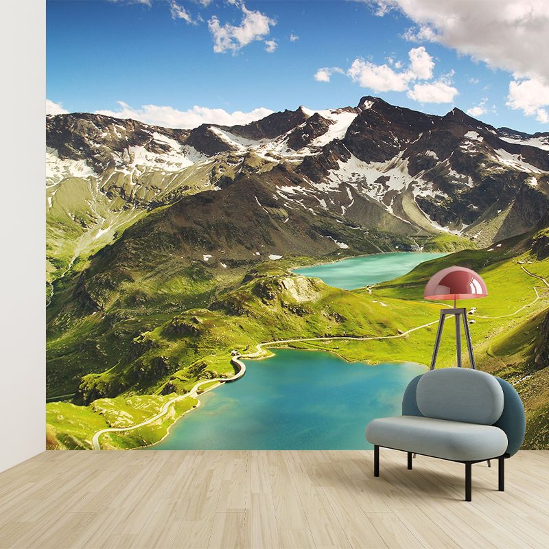 Green Plateau Lakes Scene Mural Wallpaper Moisture Resistant Wall Art for Hallway