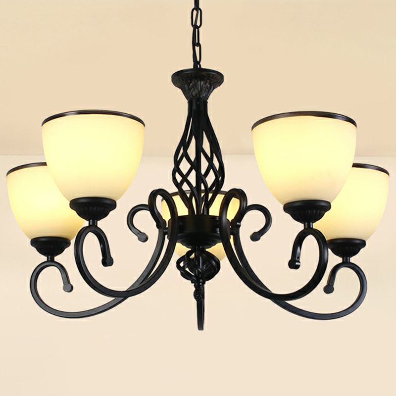 Swirled Arm Metallic Chandelier Pendant Light Vintage Living Room Hanging Light with Bell Frost Glass Shade