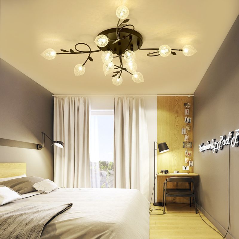 Branch Bubbled Glass Ceiling Lighting Contemporary 8/12/16/20 Lights Black/Gold Flush Mount Ceiling Fixture with Metal Arm