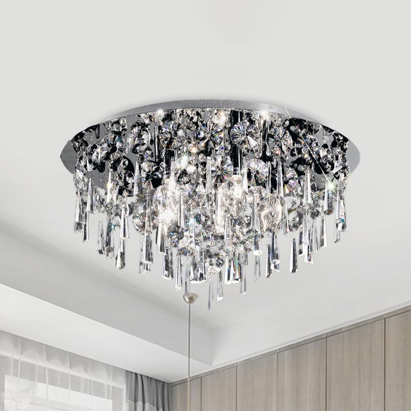 4 Heads Flush Ceiling Light Contemporary Round Crystal Fringe Flush Mount Lighting in Chrome