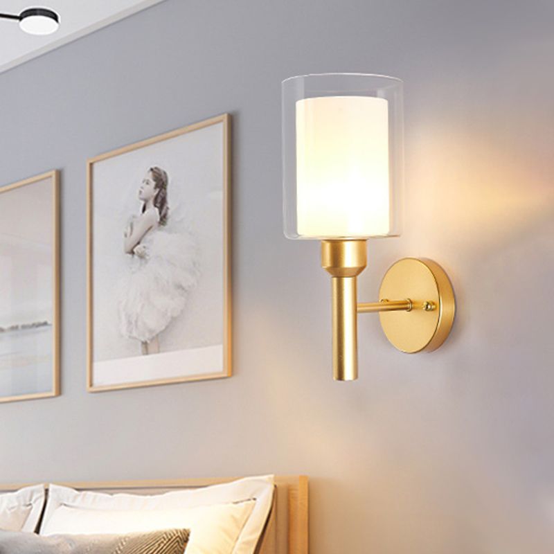 Retro Style Dual Cylinder Wall Light 1 Head Clear and White Glass Wall Sconce Lighting in Gold