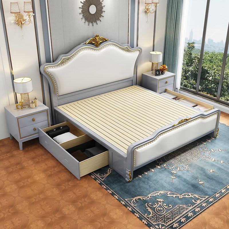 84.65 inch Wide Victorian Bed Pine Wood Bed  Frame with Upholstered Headboard