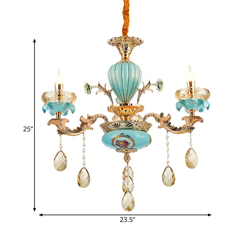 3/6 Bulbs Candelabrum Chandelier Moroccan Gold-Blue Ceramic Hanging Lamp with K9 Crystal Drop