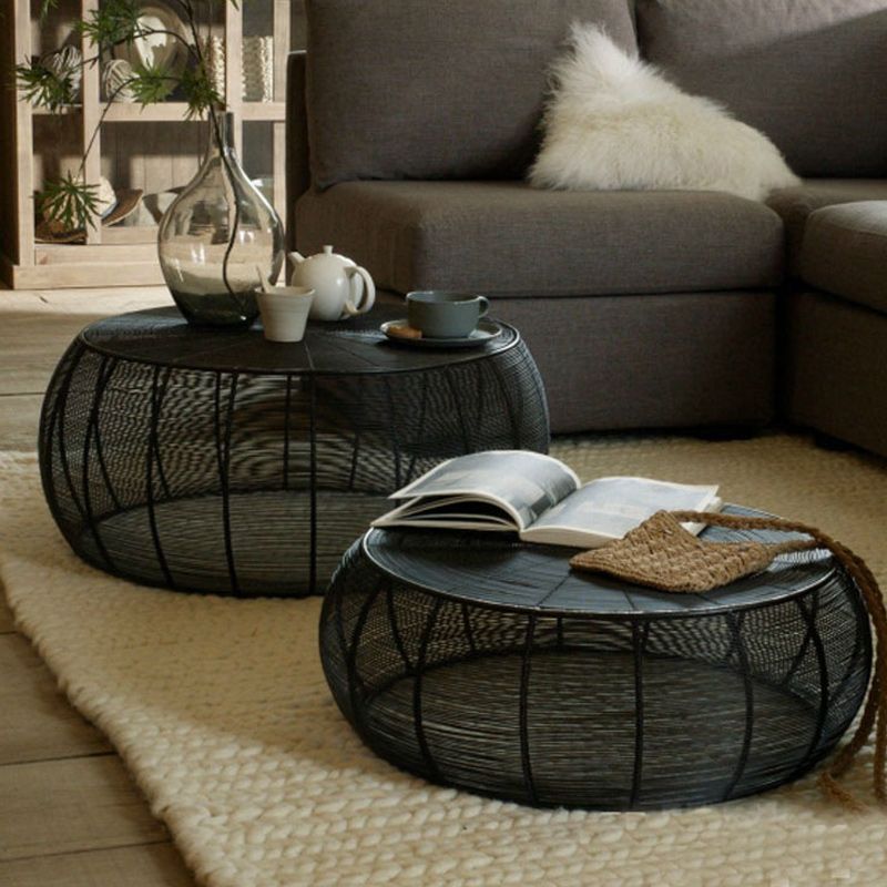 Mid-Century Modern Coffee Table with Round Top and Frame Base in Black