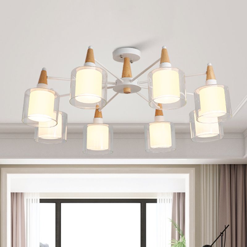 Beige Double Cylinder Flush Mount Fixture Modernism 8 Heads Clear and White Glass Semi Close to Ceiling Light