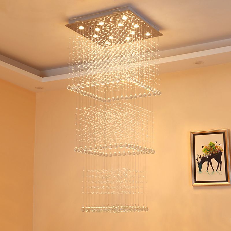Crystal Square Hanging Light Minimalist 13 Bulbs Stair LED Multi Lamp Pendant in Silver