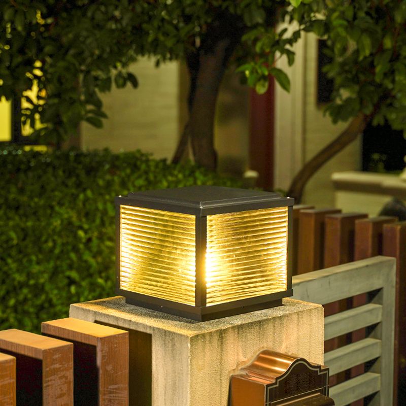 Rectangular Shape Metal Solar Pillar Lamp Modern Style 1 Light Outdoor Lights in Black