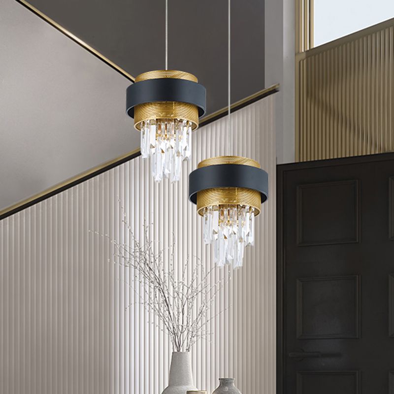 Retro Layered Hanging Lamp 1 Bulb Crystal Rod Suspension Lighting with Black and Gold Circle Guard