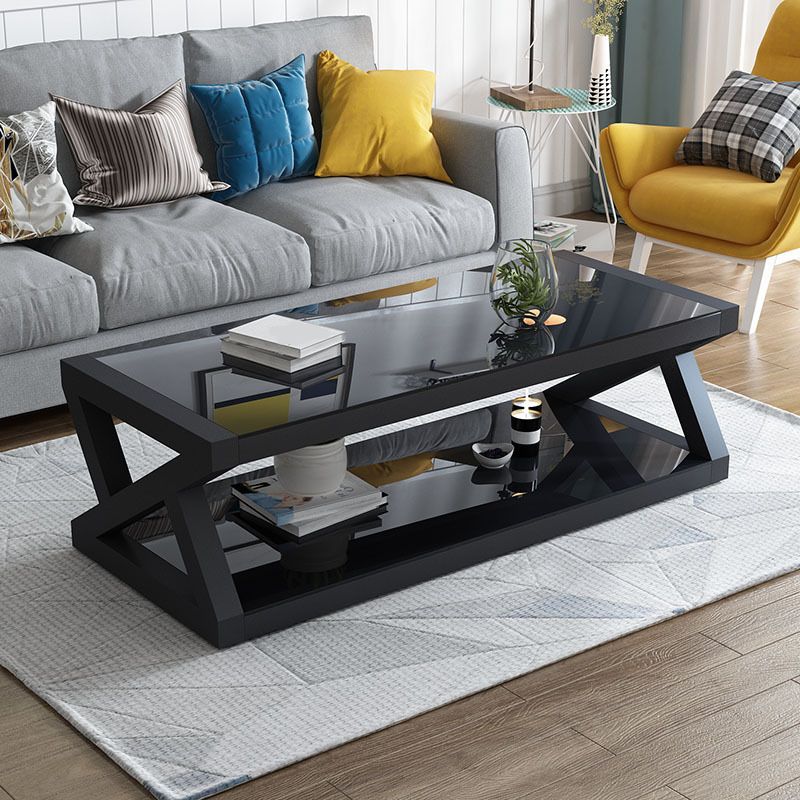Abstract Base Rectangular Modern Style Glass Table Metal Bottom Frame Coffee Table
