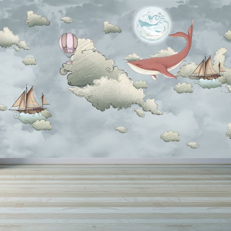 Whale and Sea Mural Decal Pastel Color Children's Art Wall Covering for Kids Room