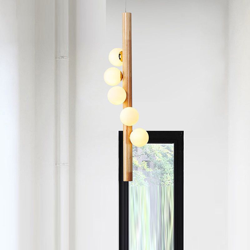 Modo Chandelier Lighting Contemporary Cream Glass 5 Heads Restaurant Pendant Light in Wood