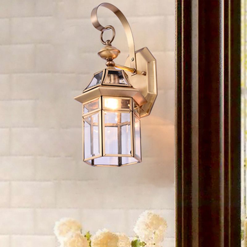 Hexagon Clear Glass Wall Light Tradition 1 Head Brass Flush Mount Wall Sconce for Stairway