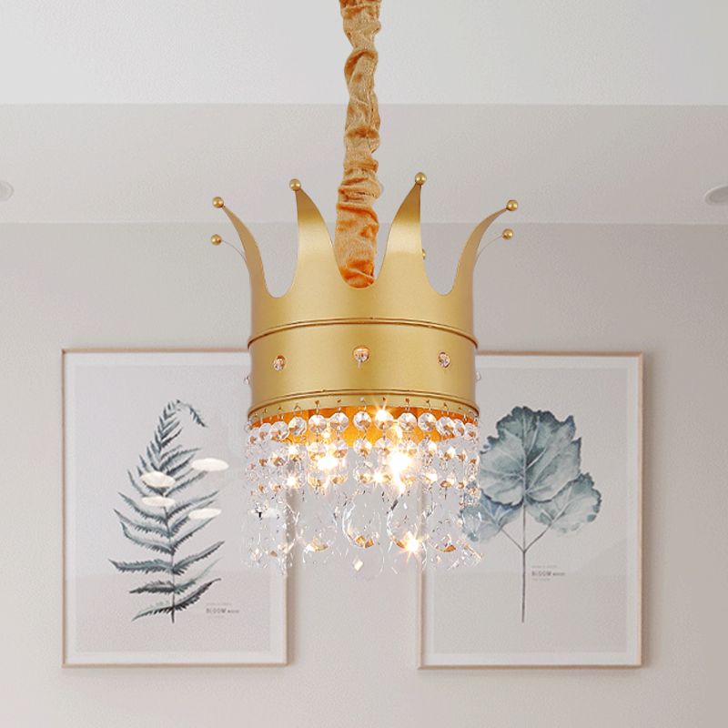 Gold Finish Crown-Like Ceiling Chandelier Kids 2/4/5 Bulbs Metal Suspension Light with Crystal Accent