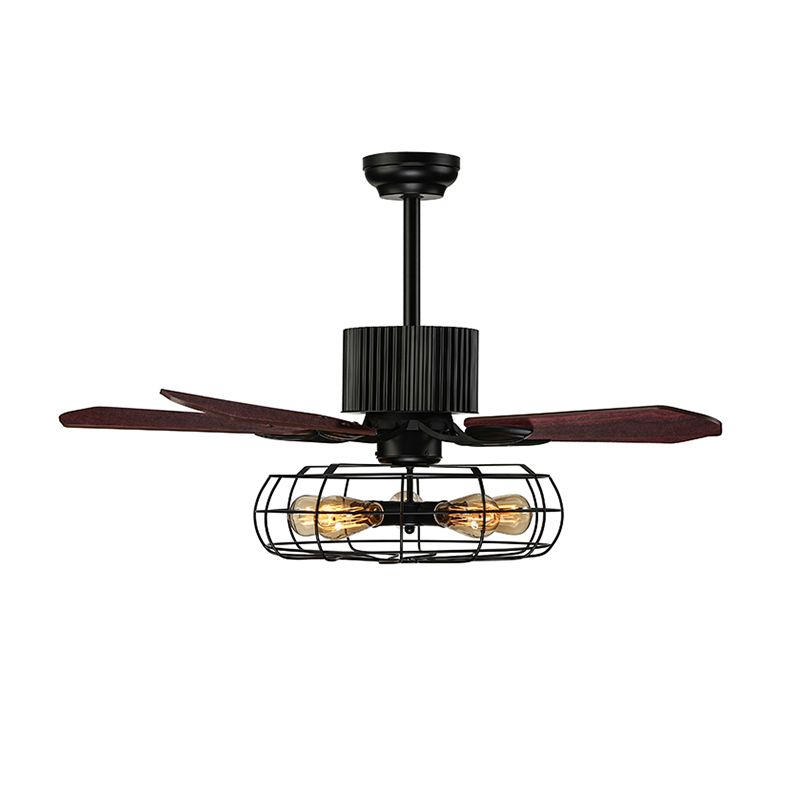 Caged Indoor Ceiling Fan with 5 Blade Metal Rustic Vintage Semi Flush Mount Light in Black