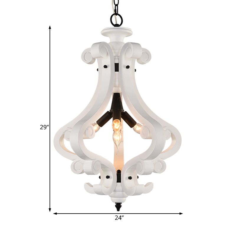 4 Lights Beige/White Chandelier Lamp Traditional Wood Lantern Bedroom Hanging Ceiling Light