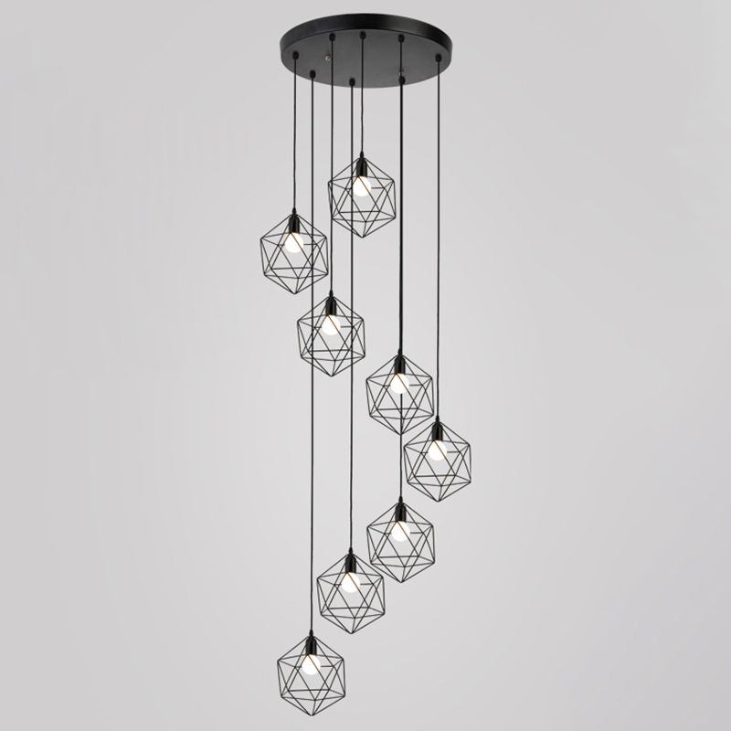 Geometric Cage Staircase Multi Ceiling Lighting Metallic Suspension Light Fixture