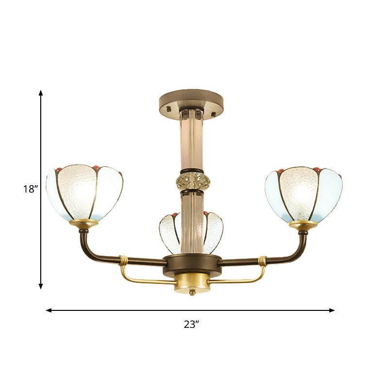 Petal Ceiling Hanging Light Stained Glass 3 Lights Tiffany Chandelier Lighting in Blue for Bedroom