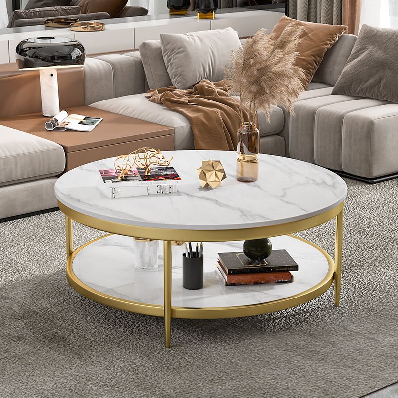 17.7" H Glam Round Slate Coffee Table Metal 4 Legs Cocktail Table with Shelf